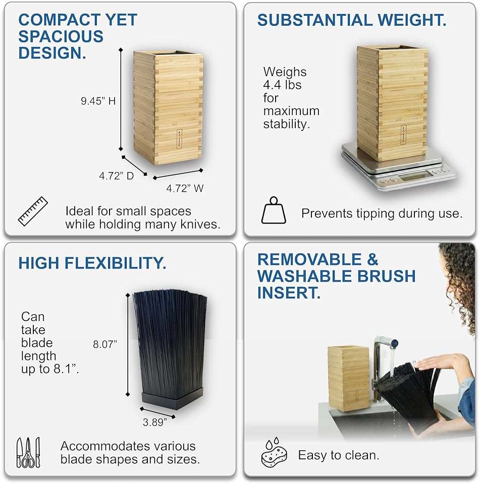 KAIZEN Bamboo Knife Block Without Knives - Perfectly Sized Universal Knife Holder for Knives, Scissors - Unique Knife Storage for Counter Top with Anti-Slip Base (Natural) - Image 3