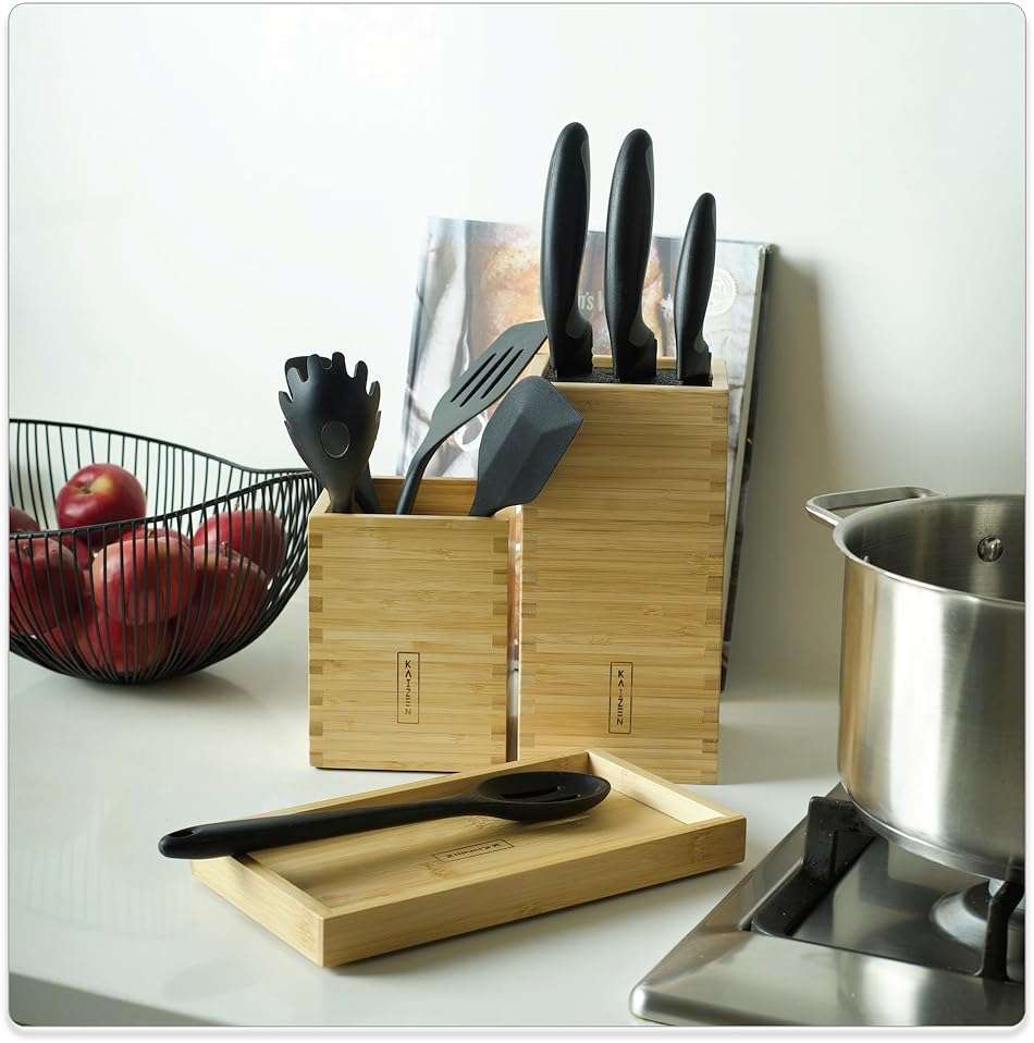 KAIZEN Bamboo Knife Block Without Knives - Perfectly Sized Universal Knife Holder for Knives, Scissors - Unique Knife Storage for Counter Top with Anti-Slip Base (Natural) - Image 5