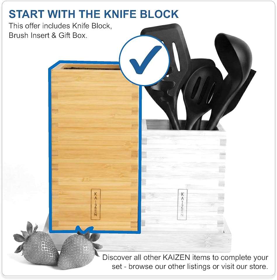 KAIZEN Bamboo Knife Block Without Knives - Perfectly Sized Universal Knife Holder for Knives, Scissors - Unique Knife Storage for Counter Top with Anti-Slip Base (Natural) - Image 7