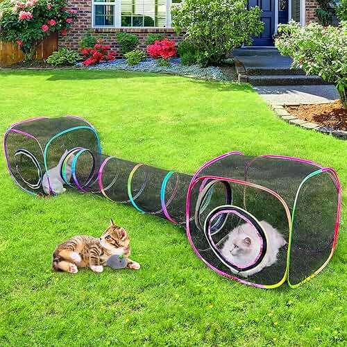 Outdoor Cat Enclosures Portable Cats Tunnel with Carry Bag Breathable Kitty Tent Outdoor with 2 Mouse Toys Outside Cat Enclosure for Indoor Cats (2 Cubes + Run Tunnel) - Image 1