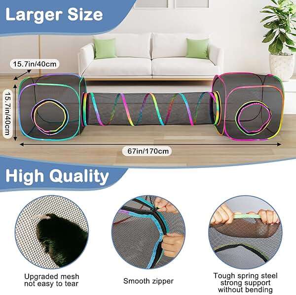 Outdoor Cat Enclosures Portable Cats Tunnel with Carry Bag Breathable Kitty Tent Outdoor with 2 Mouse Toys Outside Cat Enclosure for Indoor Cats (2 Cubes + Run Tunnel) - Image 3