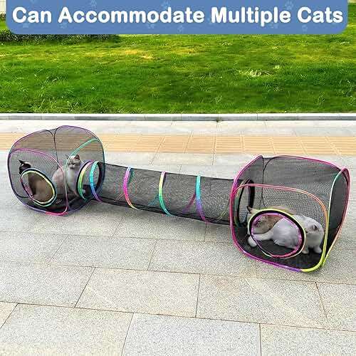 Outdoor Cat Enclosures Portable Cats Tunnel with Carry Bag Breathable Kitty Tent Outdoor with 2 Mouse Toys Outside Cat Enclosure for Indoor Cats (2 Cubes + Run Tunnel) - Image 5