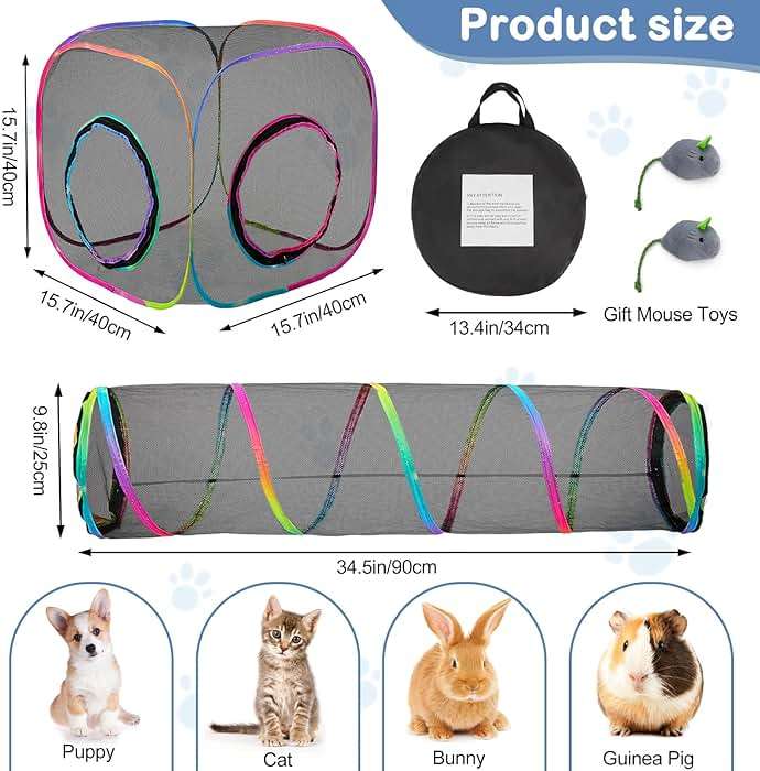 Outdoor Cat Enclosures Portable Cats Tunnel with Carry Bag Breathable Kitty Tent Outdoor with 2 Mouse Toys Outside Cat Enclosure for Indoor Cats (2 Cubes + Run Tunnel) - Image 8