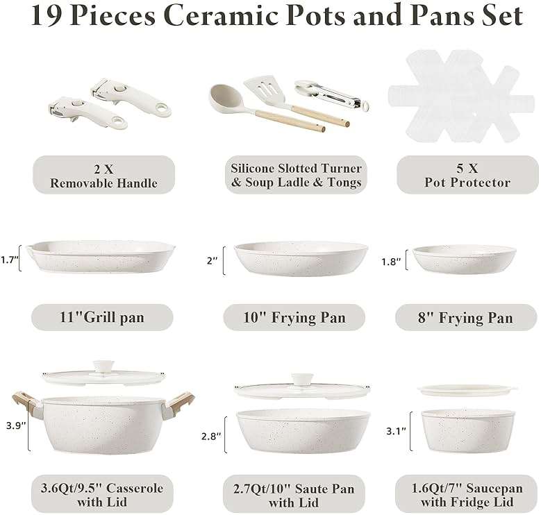 Bazova 19 Pcs Pots and Pans Set Non Stick Ceramic Cookware Set with Removable Handles, Non Toxic Induction Kitchen Cookware Sets RV Cookware,Dishwasher/Oven Safe PFAS/PTFE/PFOA Free Cream White - Image 2