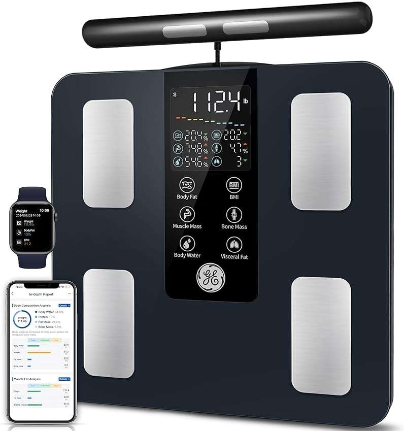 GE Smart Scale for Body Weight: 8-Electrode Digital Bathroom Scale for Weight Fat BMI Muscle Mass Full Body Composition Analyzer 50 Measurements Bluetooth Highly Accurate Weighing Machine 400lb Black - Image 1