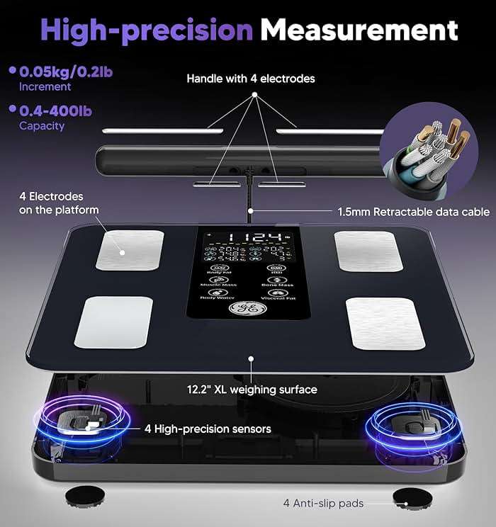 GE Smart Scale for Body Weight: 8-Electrode Digital Bathroom Scale for Weight Fat BMI Muscle Mass Full Body Composition Analyzer 50 Measurements Bluetooth Highly Accurate Weighing Machine 400lb Black - Image 5