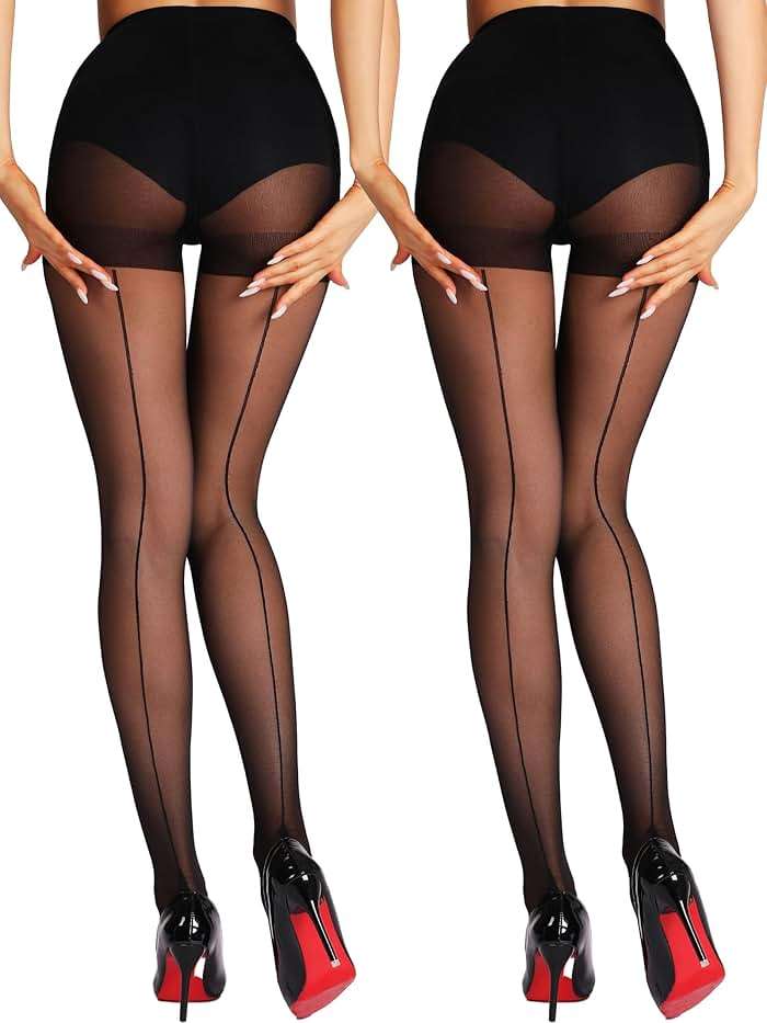 HONENNA Backseam Sheer Tights for Women 2 Pairs High Waist Patterned Cuban Heel Pantyhose With Control Top - Image 1