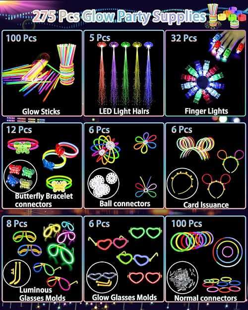 275 PCS Glow in the Dark Party Supplies for Kids Adults, Light Up Party Favors, Glow Sticks Bulk Party Pack Bracelets Finger Lights Glasses Headband LED Light Hair Wedding Birthday New Year Halloween - Image 2