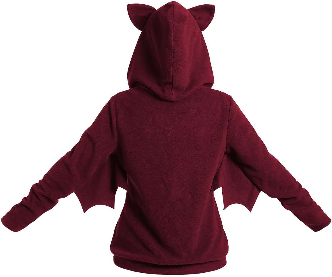 DRESSFO Women’s Halloween Hoodie Costume – Zip-Up Hooded Jacket with Cat Ears and Mini Bat Wing Detail - Image 2