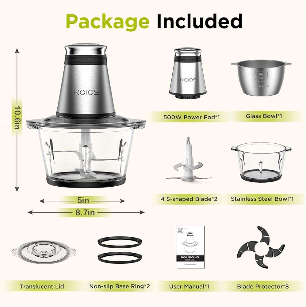 KOIOS Food Processor, 500W Electric Food Chopper with 2 Bowls (8 Cup+8 Cup) & 2 Bi-Level Blades&, Small Electric Grinder Meat Processor for Nuts, Meat, Onion, Garlic, Baby Food, Black - Image 2