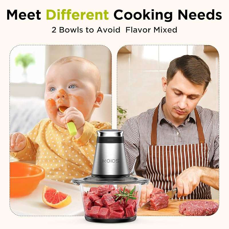 KOIOS Food Processor, 500W Electric Food Chopper with 2 Bowls (8 Cup+8 Cup) & 2 Bi-Level Blades&, Small Electric Grinder Meat Processor for Nuts, Meat, Onion, Garlic, Baby Food, Black - Image 5