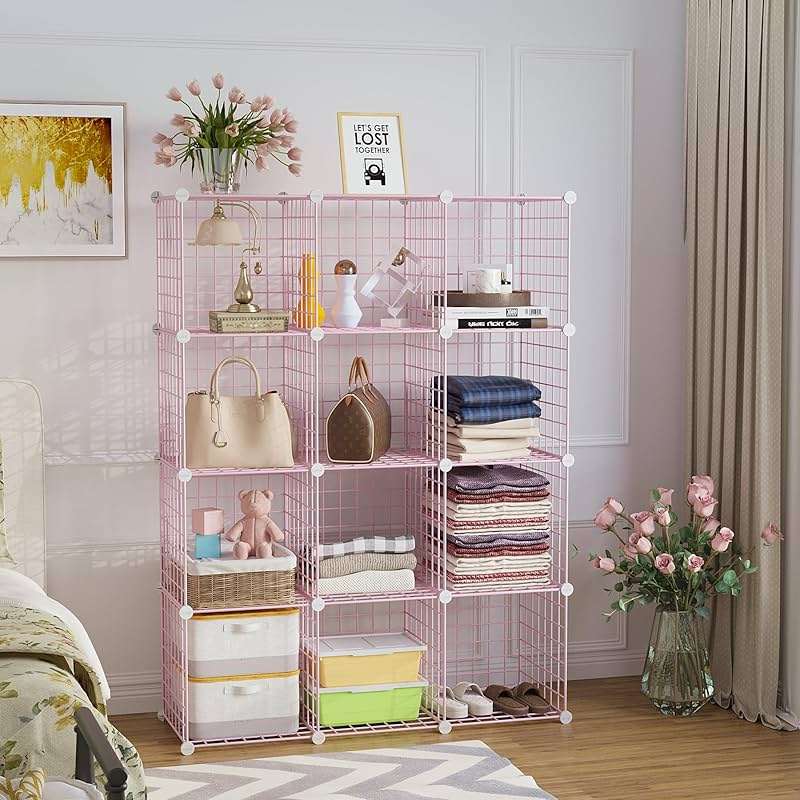 C&AHOME Wire Cube Storage, 12 - Cube Organizer Metal C Grids, Modular Shelves Units, Closet Organizer, Ideal for Home, Office, Living Room, 36.6”L x 12.4”W 48.4”H, Pink UWCS3012P - Image 2