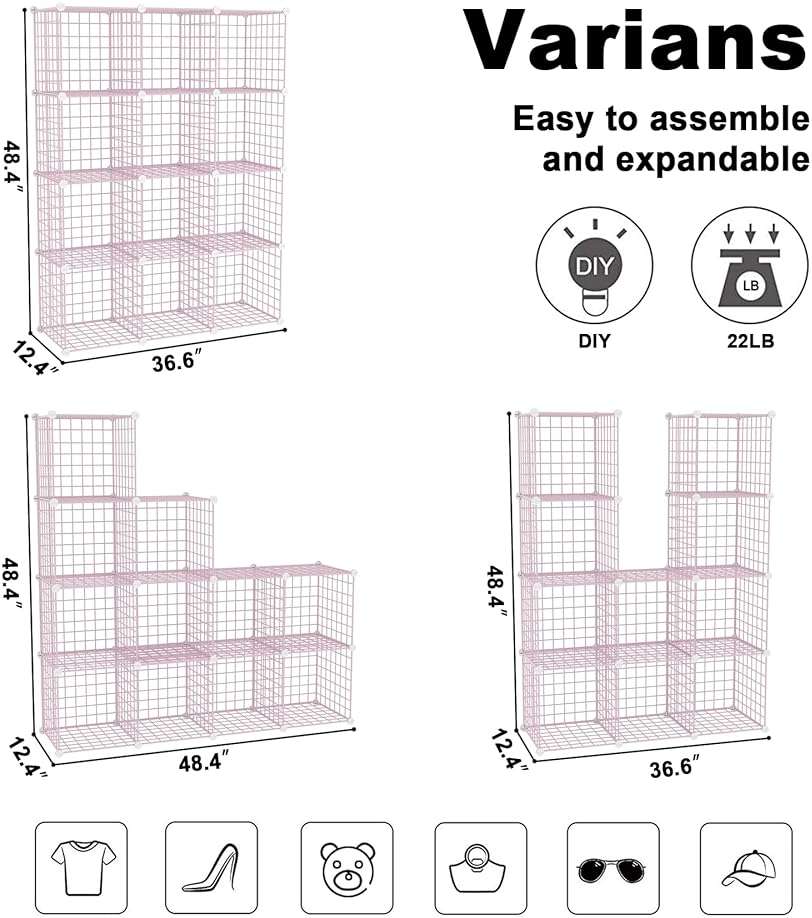 C&AHOME Wire Cube Storage, 12 - Cube Organizer Metal C Grids, Modular Shelves Units, Closet Organizer, Ideal for Home, Office, Living Room, 36.6”L x 12.4”W 48.4”H, Pink UWCS3012P - Image 3