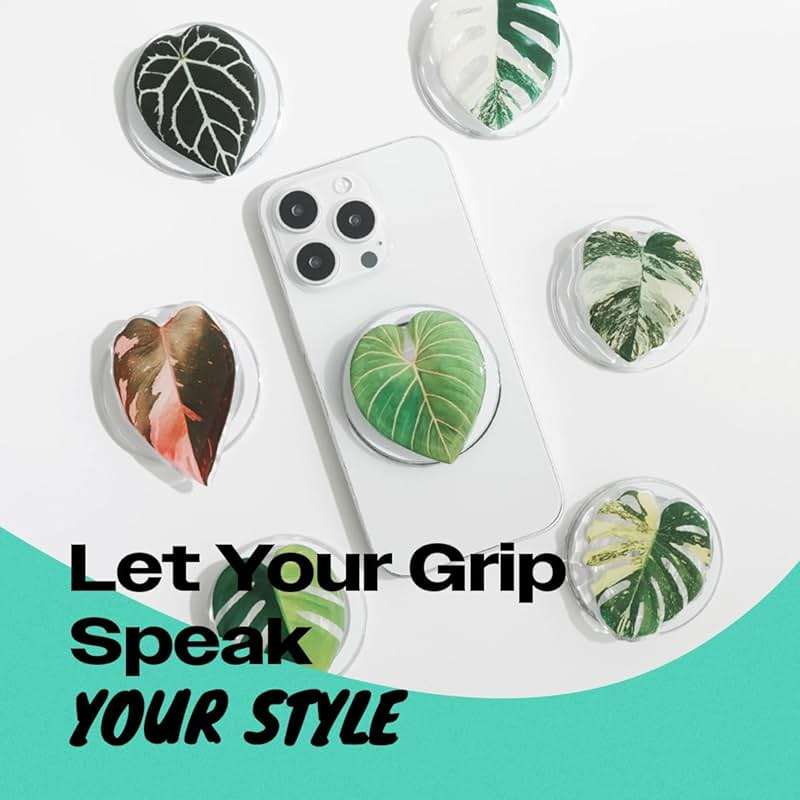 OnTheGrip Compatible with Magsafe Magnetic Cute Acrylic Tropical Leaf Design Collapsible Mobile Phone Grip Stand Holder for Smartphone Tablet Cell Phone Accessory (Crystallinum Dark) - Image 3