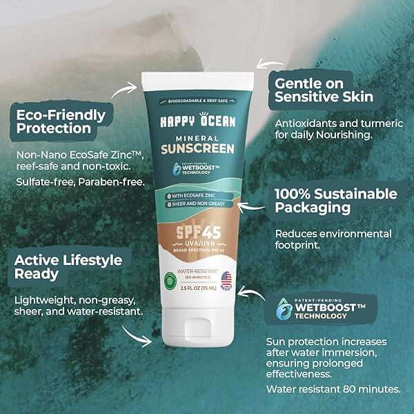 Happy Ocean SPF 45 Biodegradable Reef Safe Sunscreen for Face & Body, Non-Nano Zinc Oxide, Natural Fragrance Free Non Toxic Organic Mineral Sunscreen, Travel Size Reef Friendly Mineral Based 2.5 Fl Oz - Image 2
