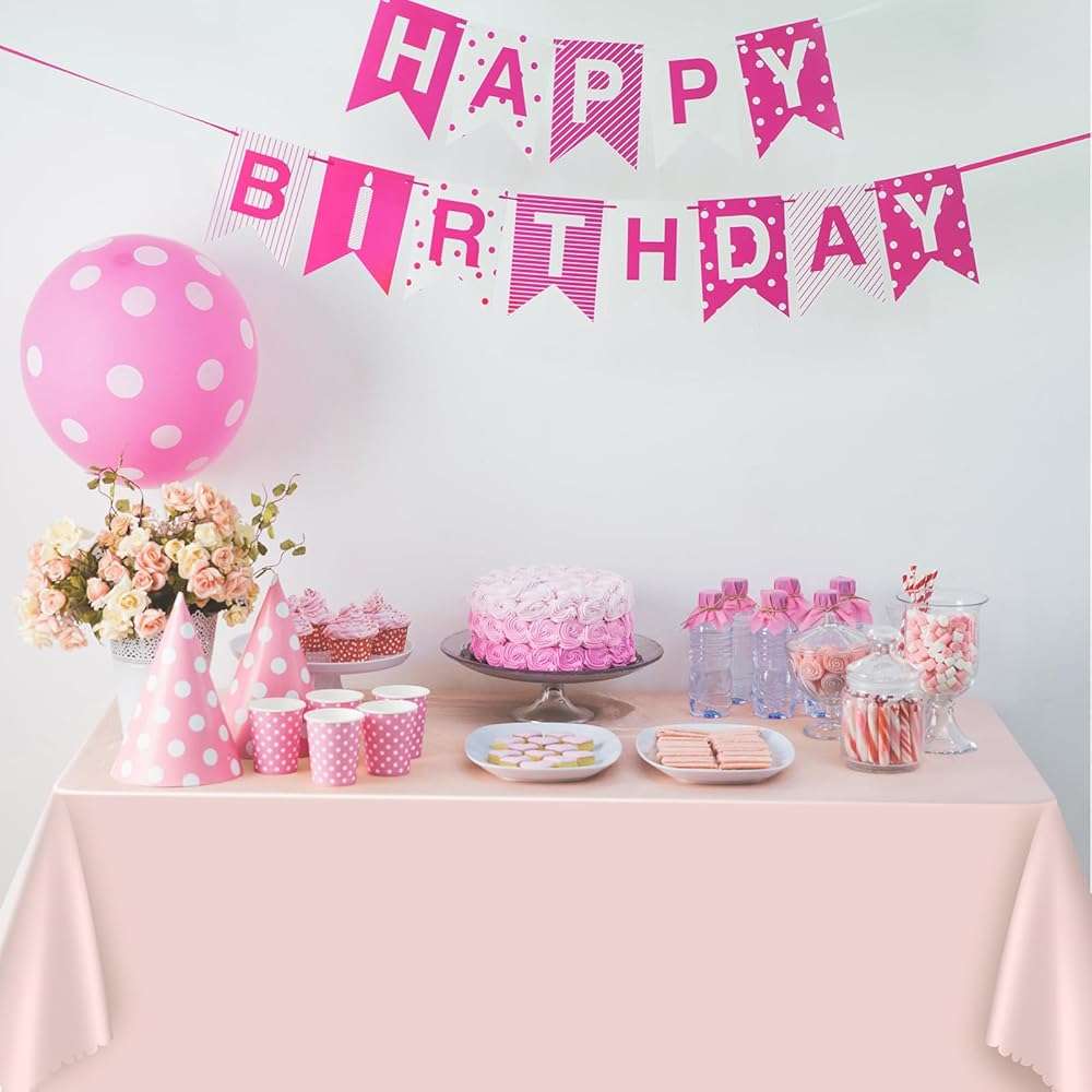 3 Pack Plastic Light Pink Tablecloths, 54 X 108Inch Disposable Spring Tablecloth Scalloped Pink Table Cloth for Rectangle Tables Table Cover for Girls Birthday Baby Bridal Shower Tea Party Wedding - Image 2