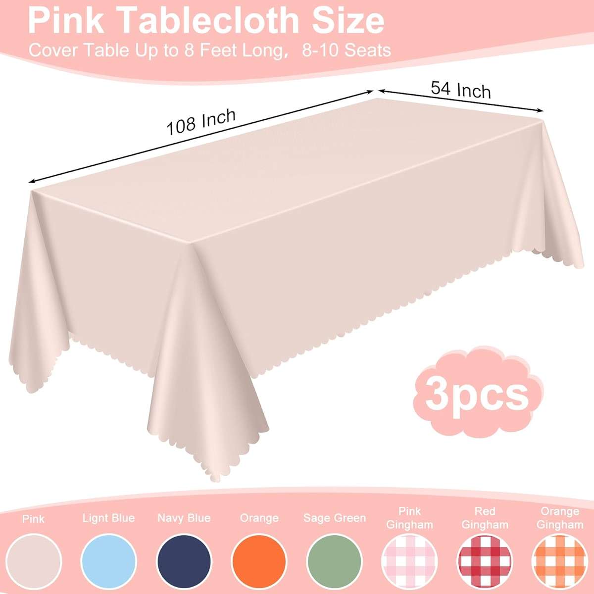 3 Pack Plastic Light Pink Tablecloths, 54 X 108Inch Disposable Spring Tablecloth Scalloped Pink Table Cloth for Rectangle Tables Table Cover for Girls Birthday Baby Bridal Shower Tea Party Wedding - Image 3