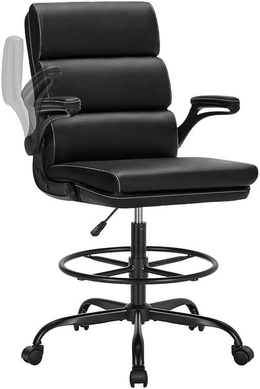 Drafting Chair Tall Office Chair with Padded Flip-up Armrests Executive Ergonomic Computer Standing Desk Chair with Comfortable Leather Backrest and Adjustable Footrest Ring (Black) - Image 1
