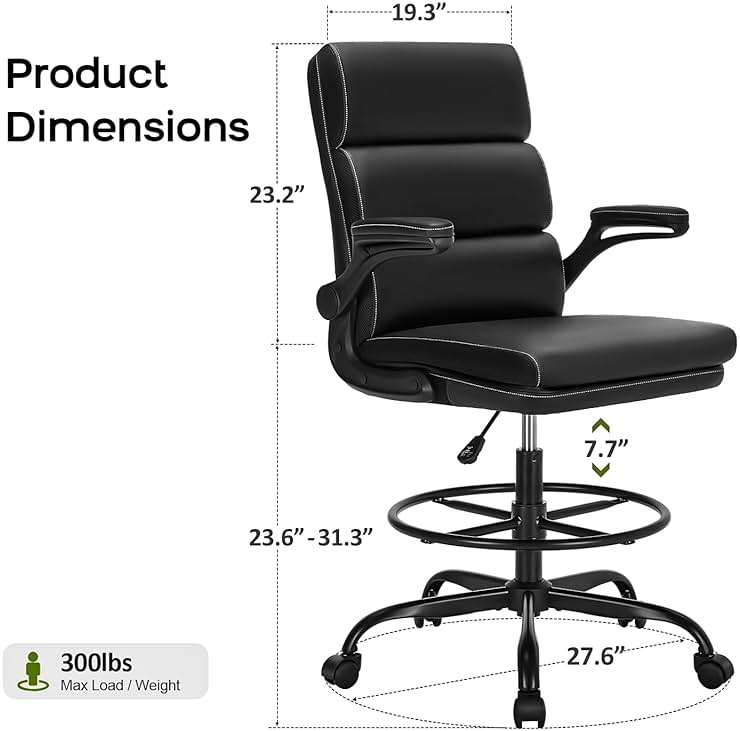 Drafting Chair Tall Office Chair with Padded Flip-up Armrests Executive Ergonomic Computer Standing Desk Chair with Comfortable Leather Backrest and Adjustable Footrest Ring (Black) - Image 2