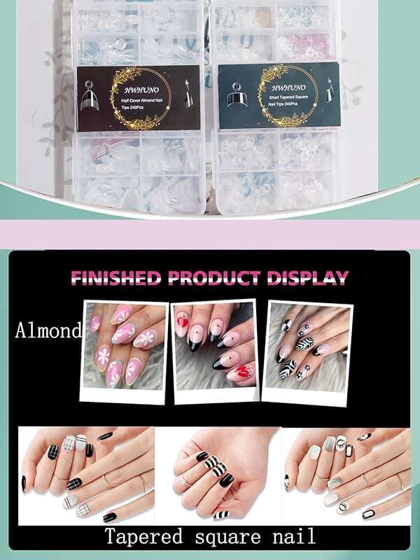 HWHUNO 480Pcs Extra Short Half Cover Almond &Tapered Square Nail Tips Gel x Clear Set,2 Shape Pre Shape XXS for Manicure Art Home DIY Salon 12Sizes - Image 4