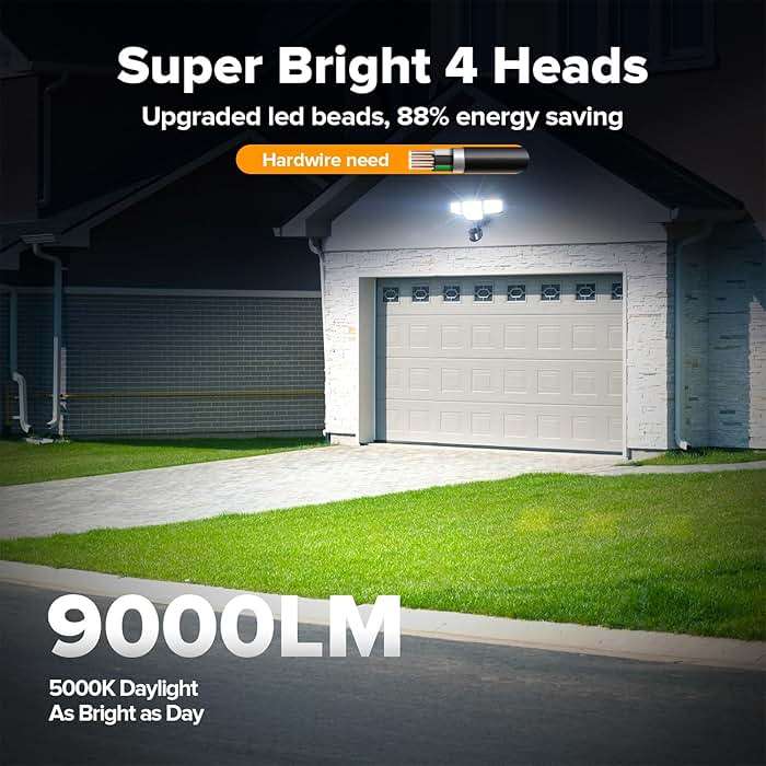 LUTEC 80W 9000LM LED Security Light Hardwire Motion Sensor Outdoor Lights, 4 Head LED Flood Lights Outdoor 5000K Daylight, IP65 Waterproof, Motion Detected Lights for Outside, Garage, Yard (Black) - Image 2
