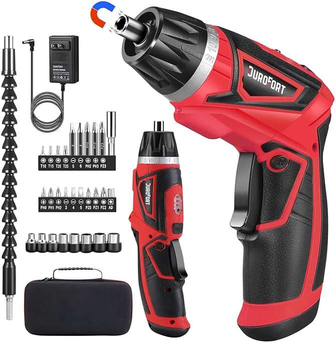 DuroFort Cordless Electric Screwdriver Set, 8V 10Nm Rechargeable Power Electric Drill, Battery Screw Gun with Driver Bit, 320RPM/10+1 Torque, 2 Position Handle, Flexible Shaft LED Light (Red, 28Pcs) - Image 1