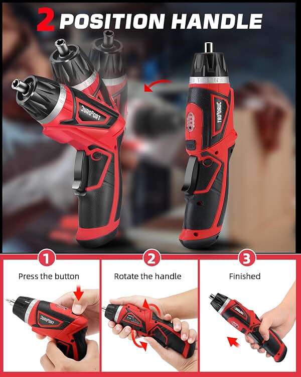 DuroFort Cordless Electric Screwdriver Set, 8V 10Nm Rechargeable Power Electric Drill, Battery Screw Gun with Driver Bit, 320RPM/10+1 Torque, 2 Position Handle, Flexible Shaft LED Light (Red, 28Pcs) - Image 4