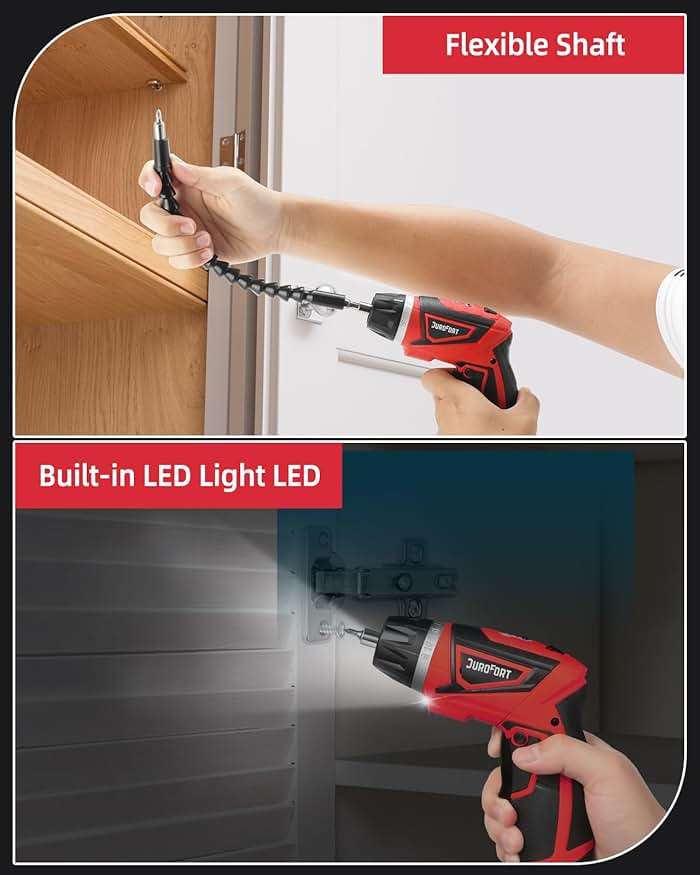 DuroFort Cordless Electric Screwdriver Set, 8V 10Nm Rechargeable Power Electric Drill, Battery Screw Gun with Driver Bit, 320RPM/10+1 Torque, 2 Position Handle, Flexible Shaft LED Light (Red, 28Pcs) - Image 8