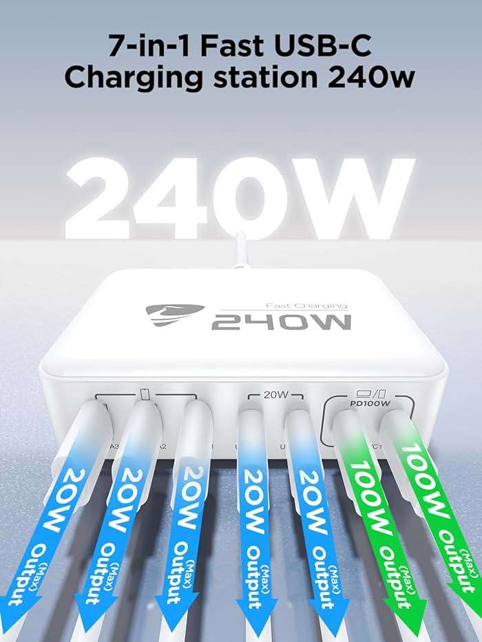 240W USB C Charging Station, 7-Port GaN USB C Charger Block, 100W Laptop USBC Fast Charger Compact 100W Laptop Charger Hub Wall Charger Adapter for MacBook Pro/Air,iPhone 16/15/14/13,Samsung S24 - Image 2