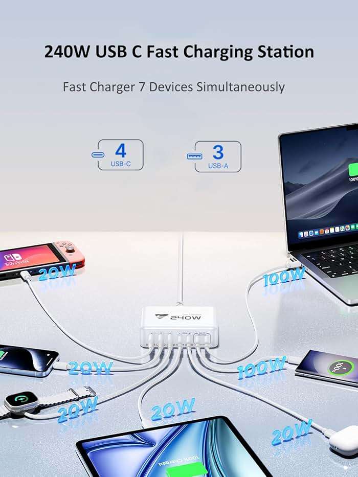 240W USB C Charging Station, 7-Port GaN USB C Charger Block, 100W Laptop USBC Fast Charger Compact 100W Laptop Charger Hub Wall Charger Adapter for MacBook Pro/Air,iPhone 16/15/14/13,Samsung S24 - Image 3