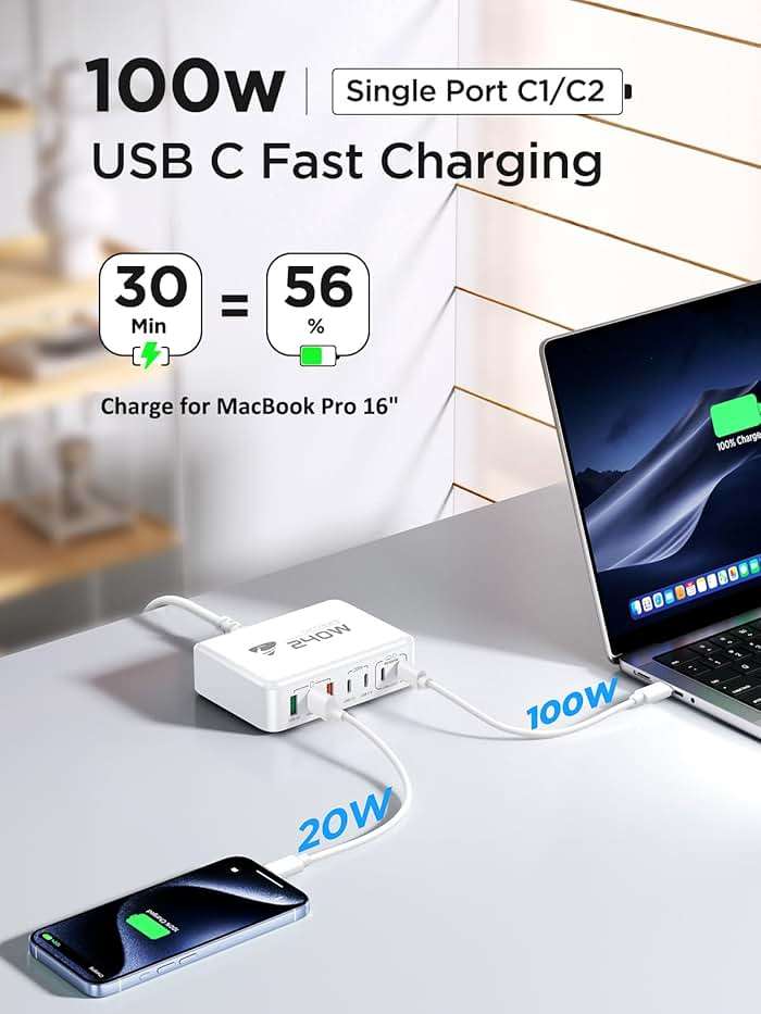 240W USB C Charging Station, 7-Port GaN USB C Charger Block, 100W Laptop USBC Fast Charger Compact 100W Laptop Charger Hub Wall Charger Adapter for MacBook Pro/Air,iPhone 16/15/14/13,Samsung S24 - Image 4