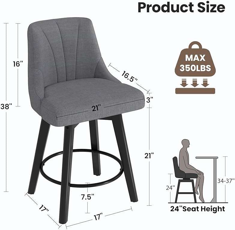 REONEY Counter Height Swivel Bar Stools, 24" Upholstered Fabric Barstools Set of 4, Counter Stool Chair with Back & Solid Wood Legs for Kitchen Island Dining Room (Dark Gray) - Image 2