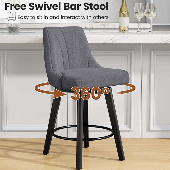 REONEY Counter Height Swivel Bar Stools, 24" Upholstered Fabric Barstools Set of 4, Counter Stool Chair with Back & Solid Wood Legs for Kitchen Island Dining Room (Dark Gray) - Image 5