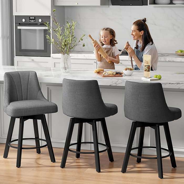 REONEY Counter Height Swivel Bar Stools, 24" Upholstered Fabric Barstools Set of 4, Counter Stool Chair with Back & Solid Wood Legs for Kitchen Island Dining Room (Dark Gray) - Image 6