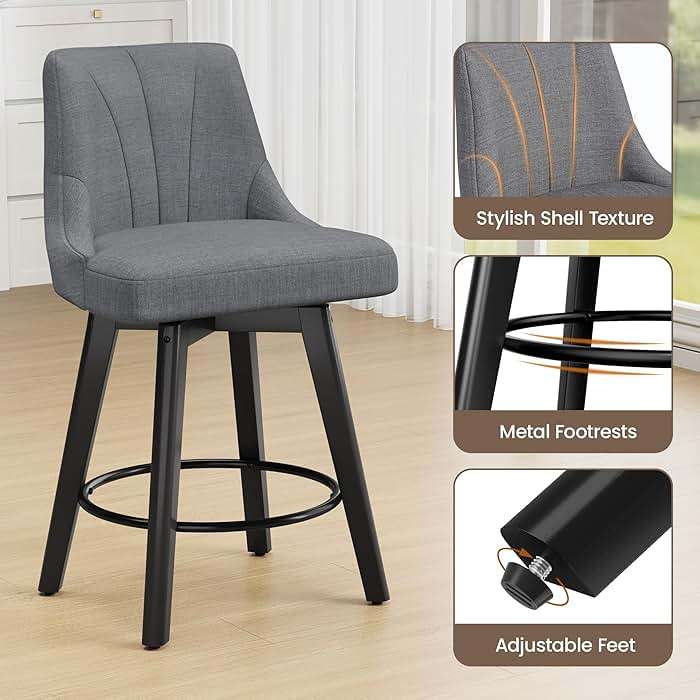 REONEY Counter Height Swivel Bar Stools, 24" Upholstered Fabric Barstools Set of 4, Counter Stool Chair with Back & Solid Wood Legs for Kitchen Island Dining Room (Dark Gray) - Image 7