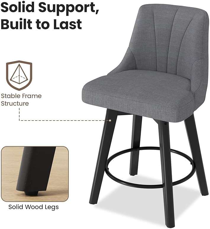 REONEY Counter Height Swivel Bar Stools, 24" Upholstered Fabric Barstools Set of 4, Counter Stool Chair with Back & Solid Wood Legs for Kitchen Island Dining Room (Dark Gray) - Image 9
