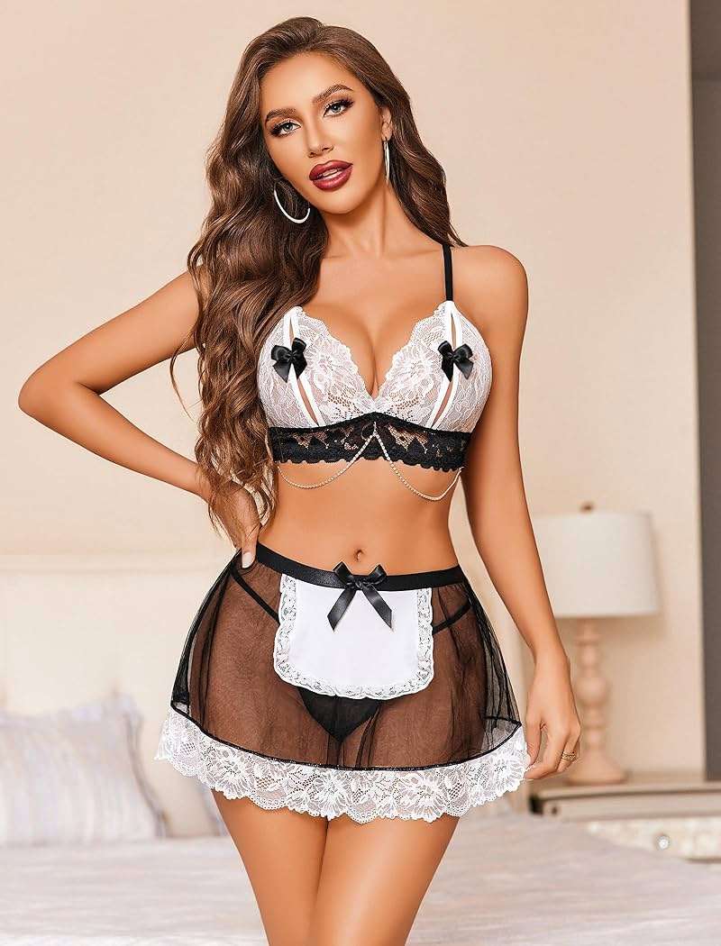 Avidlove Lingerie Sets for Women Sexy Cosplay Lingerie Maid Costume Double Layer Floral Lace Lingerie With Chain - Image 6