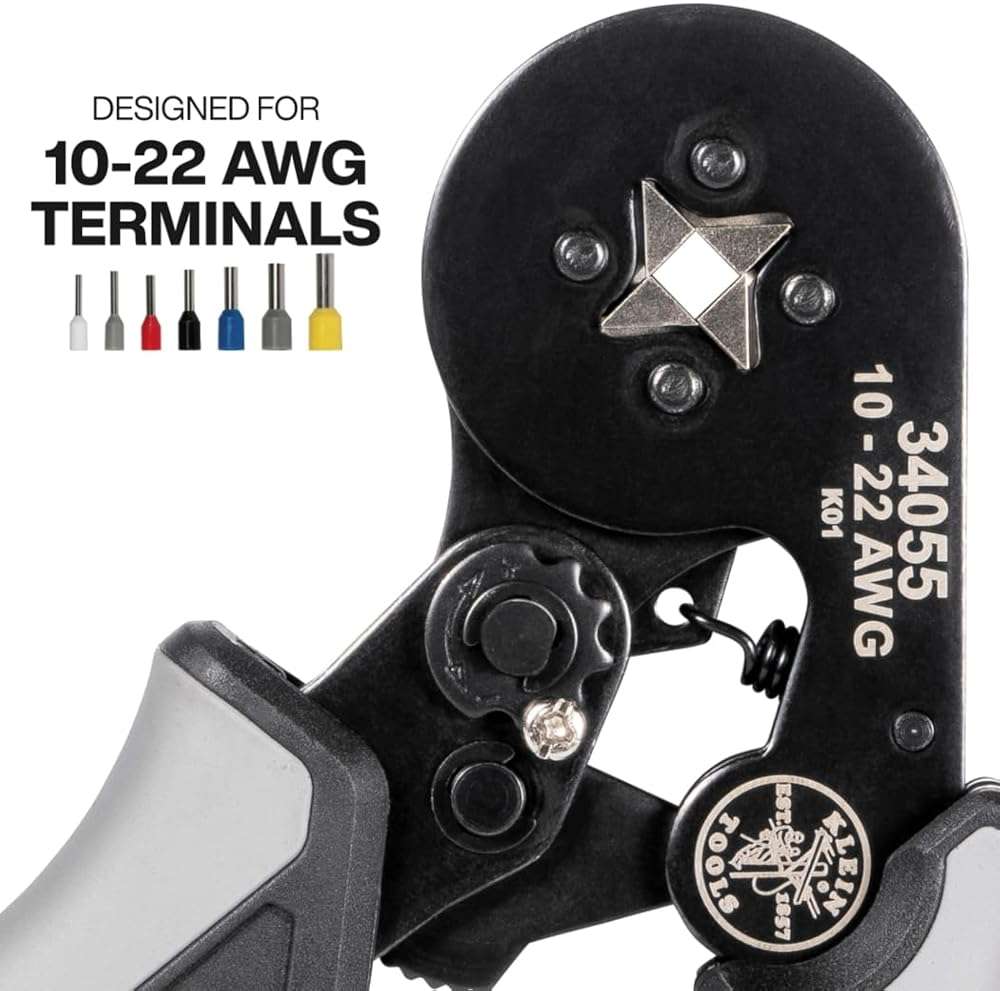 Klein Tools 34055 Ferrule Crimping Tool, Square Crimper Pliers for 10 to 22 AWG Wire Terminals, Built-In Adjustable Ratchet, for Electrical Work - Image 2