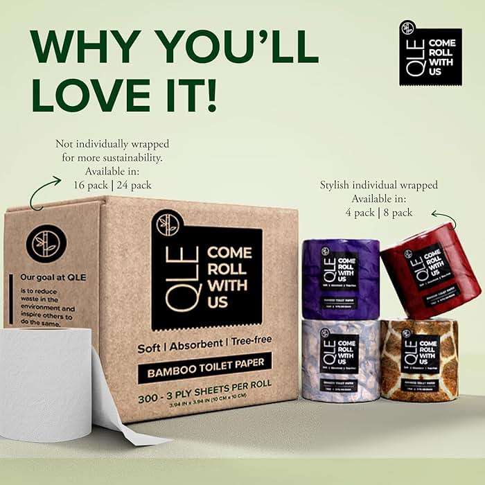 QLE Bamboo Toilet Paper – 16 Pack Sustainable – 3 Ply 300 Sheets Per Roll – Hypoallergenic Toilet Paper – Septic Safe, Organic, Compostable, FSC Certified, 100% Bamboo Pulp - Image 6