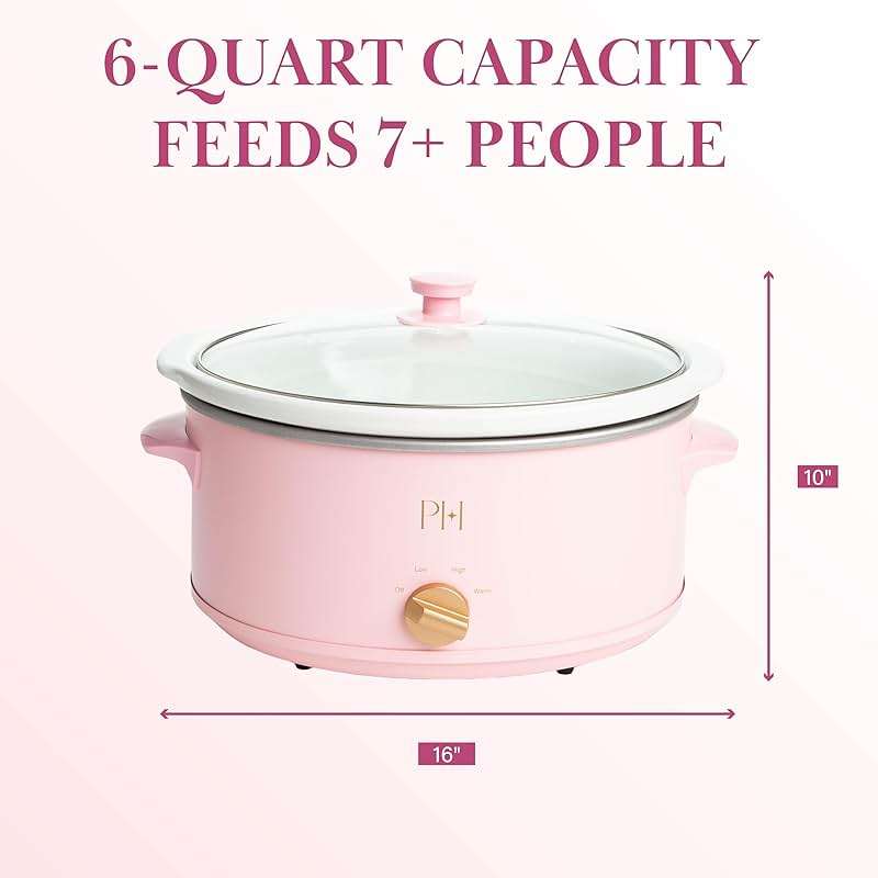 Paris Hilton 6-Quart Manual Slow Cooker, Naturally Nonstick Stoneware Ceramic Insert, Three Settings (Low, High, Warm), Dishwasher Safe Family Size Slow Cooker, Pink - Image 2