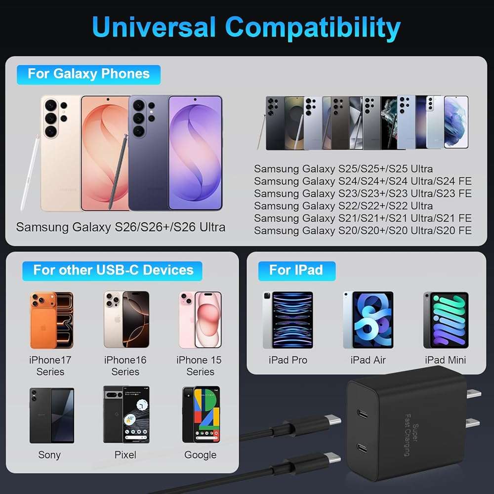 45W 2Pack Super Fast Charger USB C Dual Port Android Phone Charger Type C Fast Charging Block with 10FT Type-C Charger Cord for Samsung Galaxy S26 Ultra/S26/S26+/S25/S24/S23/S22/S21+/iPhone 17/16/15 - Image 2