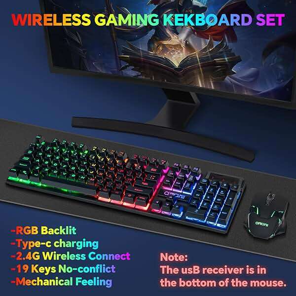 CHONCHOW USB Wireless Gaming Keyboard and Mouse Combo, LED Backlit Ergonomic Mechanical Feeling Keyboard, Rechargeable 2500mAh Battery, Anti-ghosting Keyboards 7D 3600DPI Mice for PC Gamer - Image 2