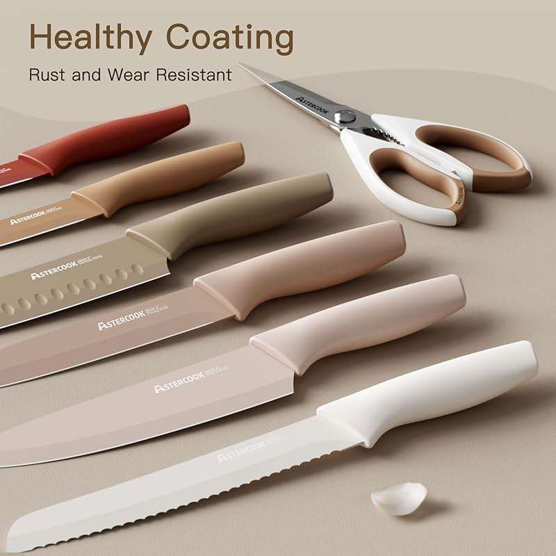 Astercook Knife Set, 13 Pieces Kitchen Knives Set with Healthy Anti-Rust Coating, Dishwasher Safe, Stainless Steel Chef Knife Sets with 6 Blade Guards, Fathers Day Gift for Men - Image 3