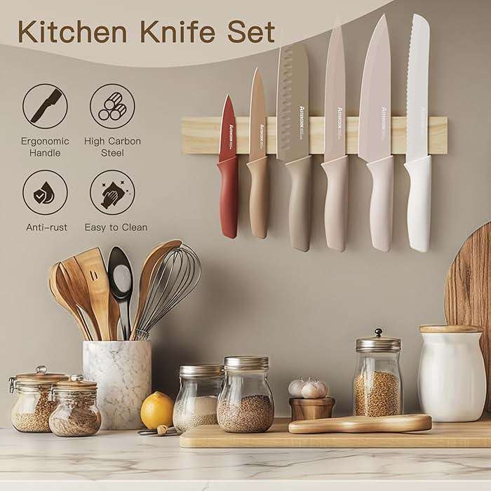 Astercook Knife Set, 13 Pieces Kitchen Knives Set with Healthy Anti-Rust Coating, Dishwasher Safe, Stainless Steel Chef Knife Sets with 6 Blade Guards, Fathers Day Gift for Men - Image 4