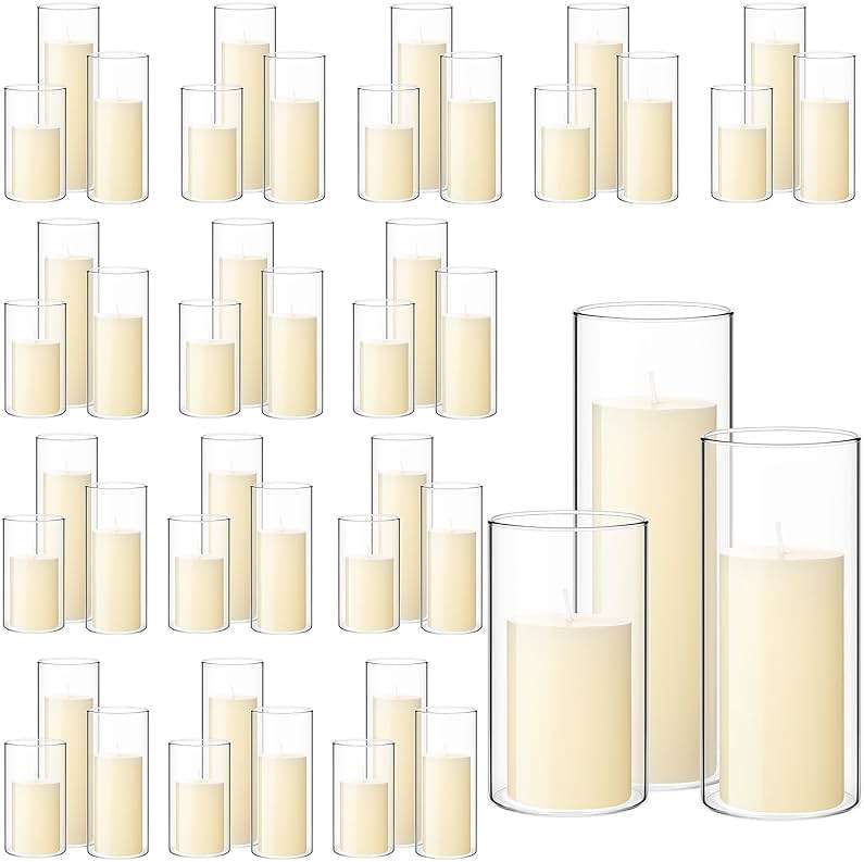 Shihanee 108 Pcs Pillar Candles and Glass Cylinder Vases Clear Cylinder Holders for Slim Pillar Candles Table Decorations, Total 54 Sets(Ivory White,108 Pcs) - Image 1