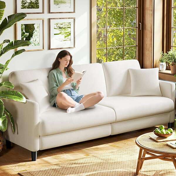 Welzona 83" Couches for Living Room, Teddy Sofa Couch, Comfy Sofas for Living Room, Tool-Free Setup Loveseat Sofa, All-Wood Love Seat Couches, Small Couch 2 Pillows Included, Beige - Image 1