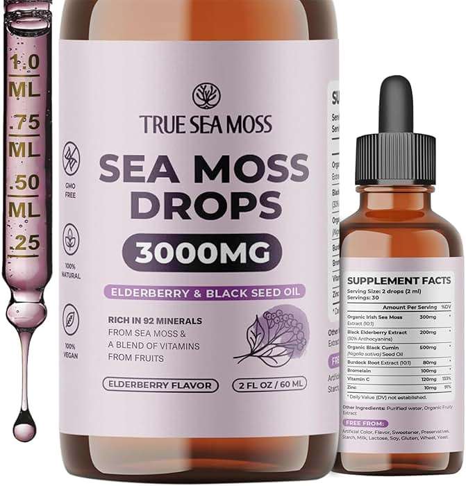 TrueSeaMoss Organic Irish Sea Moss Liquid Drops – Black Cumin Seed Oil, Black Elderberry Extract, Burdock Root, Vitamin C & Zinc – Elderberry Flavor – 30 Servings - Image 1