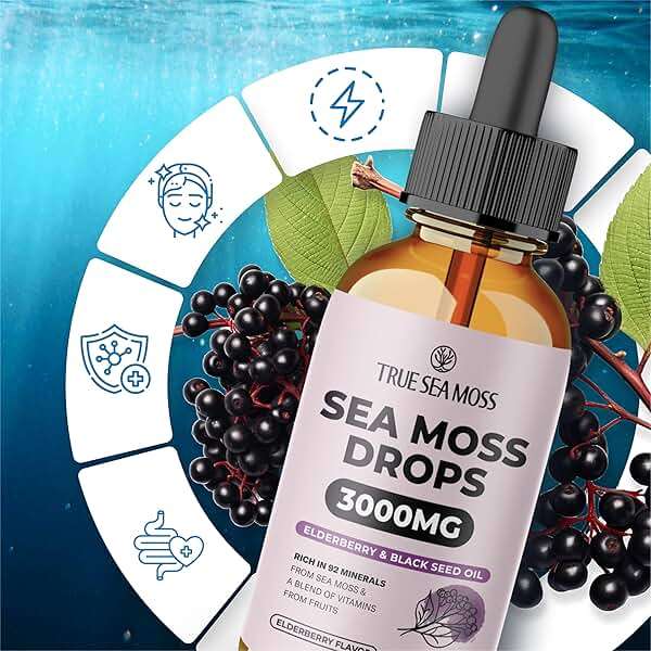 TrueSeaMoss Organic Irish Sea Moss Liquid Drops – Black Cumin Seed Oil, Black Elderberry Extract, Burdock Root, Vitamin C & Zinc – Elderberry Flavor – 30 Servings - Image 6