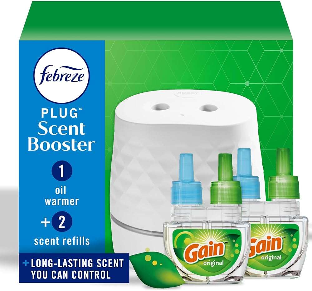 Febreze Plug Scent Booster Starter Kit – Air Freshener, Oil Diffuser, Continuous Scent Device, Includes 2 Gain Refills - Image 1