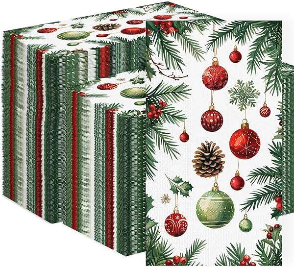 3-Ply Christmas Paper Napkins Disposable: Guest Dinner Hand Towels, Xmas Table Decorative for Bathroom Home Kitchen, Holiday Cocktail Party Decor, Red White Green (4.3x7.9 Inches, Count, 100) - Image 1